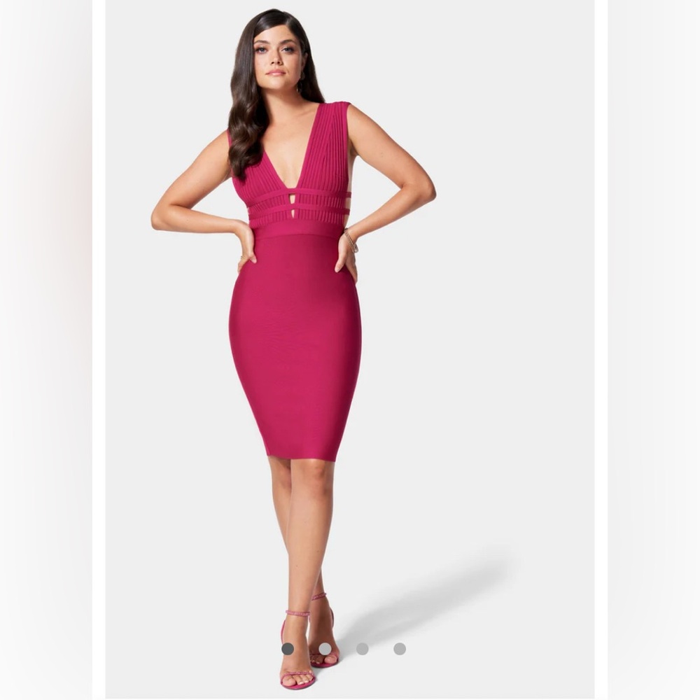 Bebe Plunge Neck Strappy Ribbed Sleeveless Bandage Dress, Fuchsia Pink Large NWT